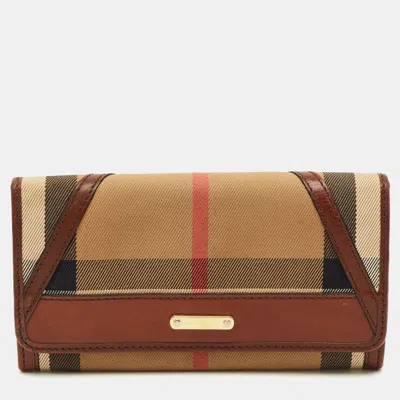 Pre-owned Burberry Leighton Brown/beige House Check Canvas And Leather Continental Wallet