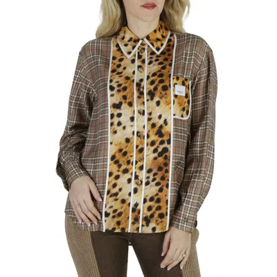 Burberry Leopard Fawn Check Print Silk Logo Oversized Blouse In Multi