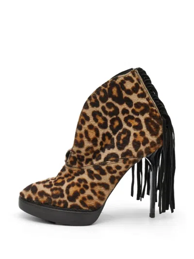 Pre-owned Burberry Leopard-print Fringe Ankle Boots In Neutral
