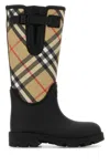 Burberry Woven Check Rain Boots With Adjustable Buckle And Equestrian Design