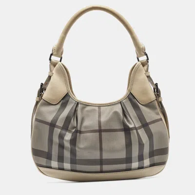 Pre-owned Burberry Light Beige Smoked Check Coated Canvas And Leather Small Brooklyn Hobo