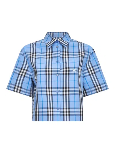Burberry Light Blue Check Cotton Cropped Shirt In Multi