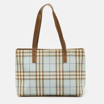 Pre-owned Burberry Light Blue/brown Nova Check Pvc And Leather Zip Tote