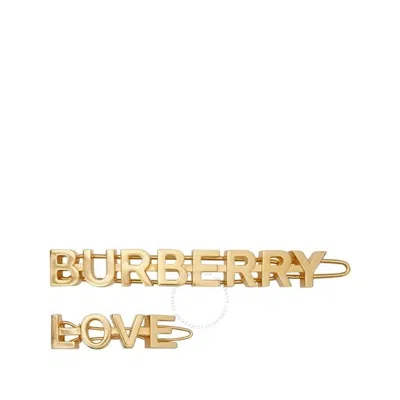 Burberry Light Gold 2-piece Logo And Love Hair Clip Set In Gold Tone
