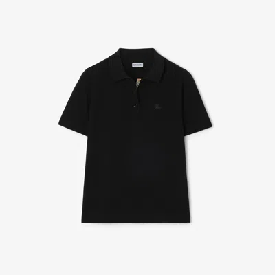Burberry Lightweight Cotton Piqué Polo With Concealed Check Placket And Equestrian Knight Embroidery In Nero