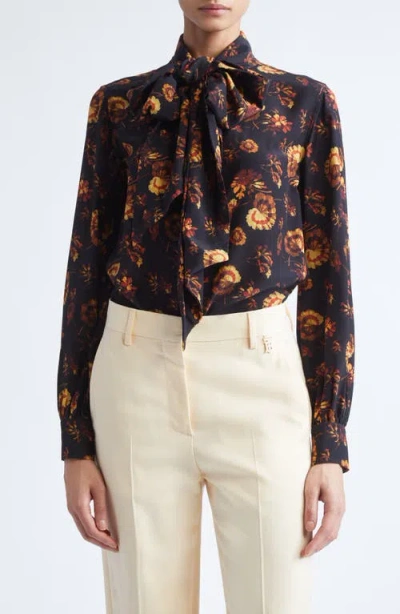 Burberry Lina Floral Print Tie Neck Silk Shirt In Brown