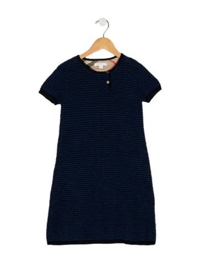 Pre-owned Burberry Kids' Linen Blue And Multicolor Casual Short Sleeve Knit Dress With Button Closure