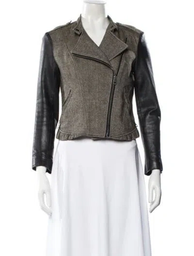 Pre-owned Burberry Linen Tweed Pattern Biker Jacket In Green