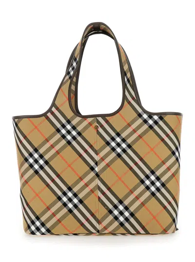 Burberry Beige Tote Bag With Vintage Check Motif In Cotton Canvas Woman In Multicolor