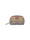 Burberry Patterned Leather Trim Top Handle Clutch In Brown