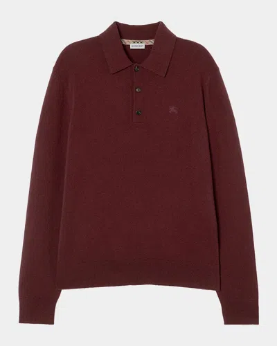 Burberry Logo Cashmere-blend Long-sleeve Polo Shirt In Burgundy