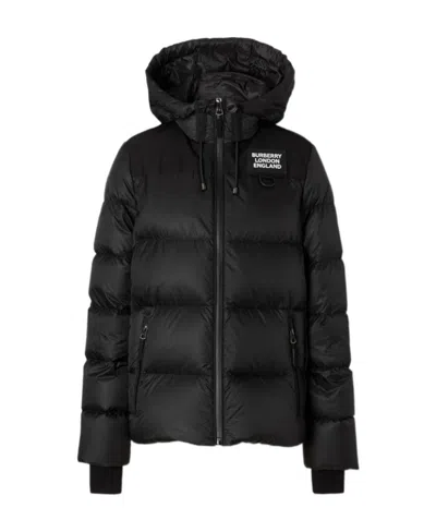 Burberry Logo Decorated Hooded Down Jacket In Black
