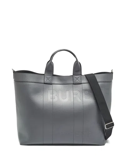 Pre-owned Burberry Logo-embossed Leather Tote Bag In Gray