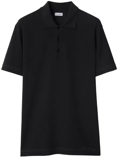 Burberry Logo Embroidered Short Sleeved Polo Shirt In Black