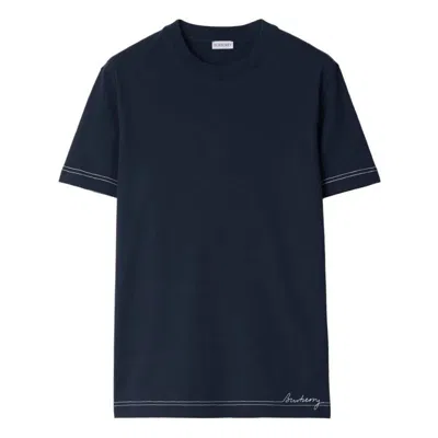 Burberry Logo Embroidered Cotton T Shirt In Blue