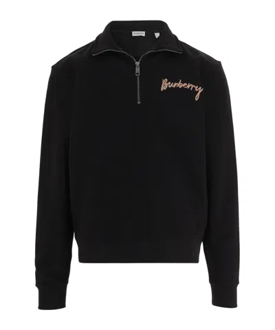 Burberry Logo Embroidered Half-zip Sweatshirt In Black