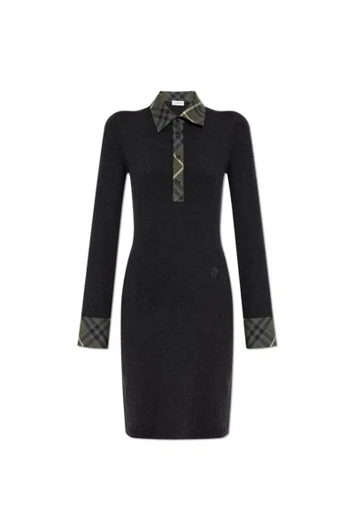 Burberry Logo Embroidered Knitted Polo Dress In Black