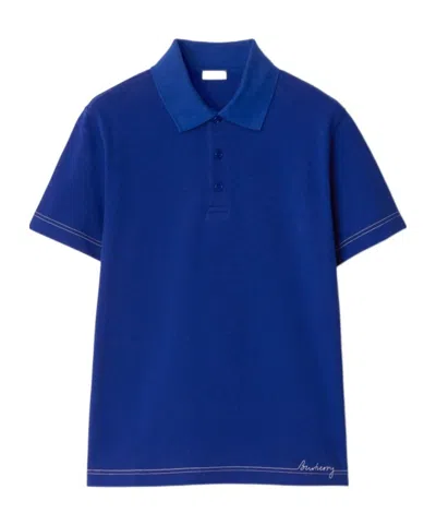 Burberry Logo Embroidered Cotton Polo Shirt In Blue