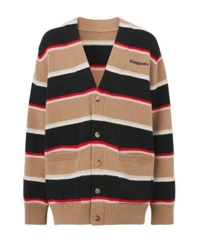 Burberry Logo-embroidered Striped Cardigan In Black