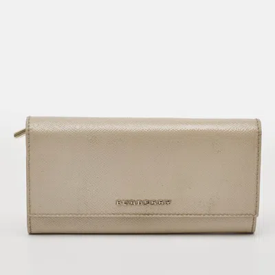 Pre-owned Burberry Logo Flap Beige Patent Leather Continental Wallet In Sand