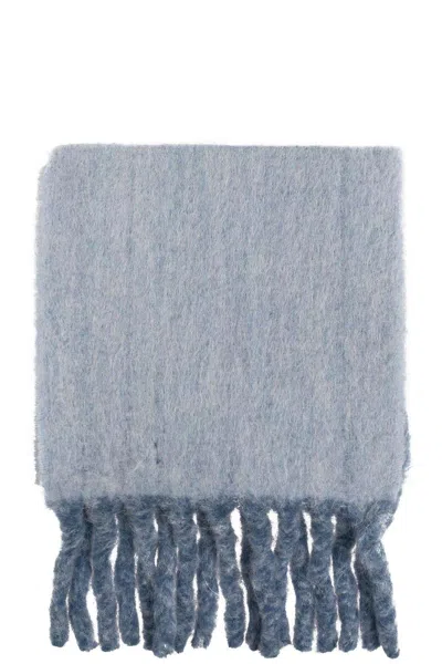 Burberry Logo-intarsia Fringed Reversible Scarf In Blue