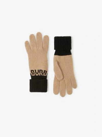 Burberry Logo Intarsia Two-tone Cashmere Gloves In Neutral