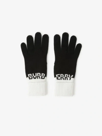 Burberry Logo Intarsia Two-tone Cashmere Gloves In Black