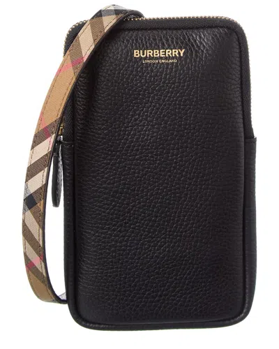 Burberry Logo Leather Phone Crossbody In Black