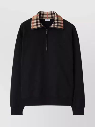 Burberry Logo Long Sleeves Polo With Check Pattern Collar In Black