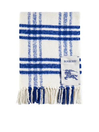 Burberry Logo Patch Checked Frienged-edge Scarf In Blue