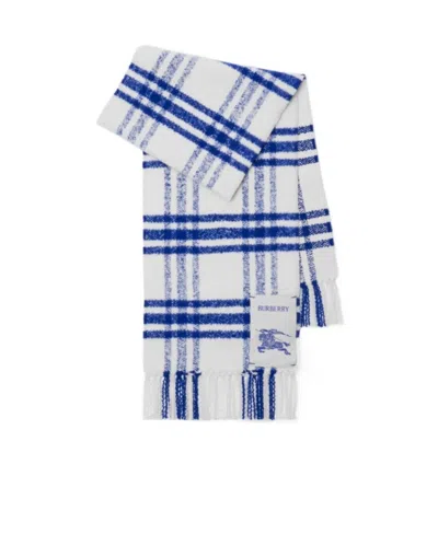 Burberry Logo-patch Checked Wool Scarf In Blue