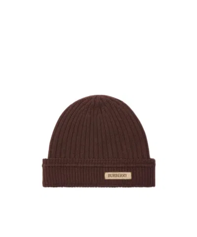 Burberry Logo Patch Wool Beanie In Brown