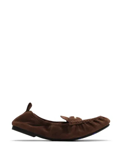 Burberry Logo Plaque Ruched Ballerinas In Brown