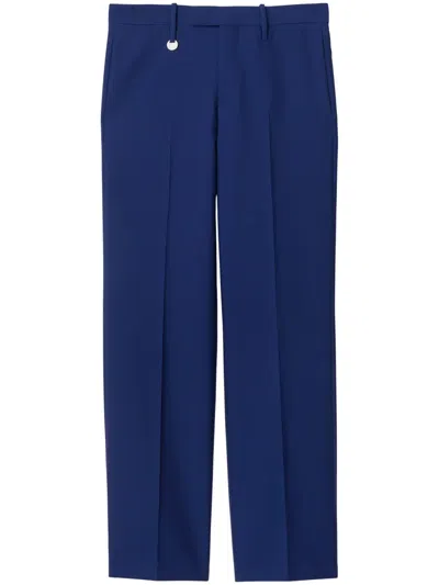 Burberry Logo-plaque Tailored Wool Trousers In Blue