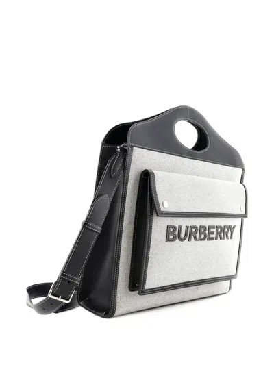Pre-owned Burberry Logo Pocket Tote Canvas With Leather Medium Crossbody Bag In Black
