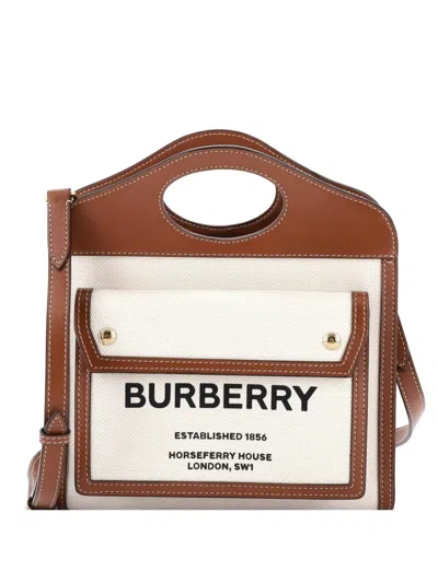 Pre-owned Burberry Logo Pocket Tote Canvas With Leather Mini Crossbody Bag In Brown
