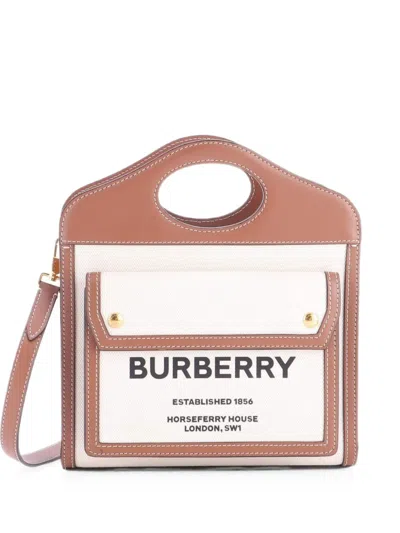 Pre-owned Burberry Logo Pocket Tote Canvas With Leather Mini Crossbody Bag In Brown