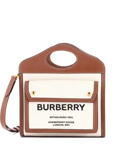 Pre-owned Burberry Logo Pocket Tote Canvas With Leather Mini Crossbody Bag In Neutral