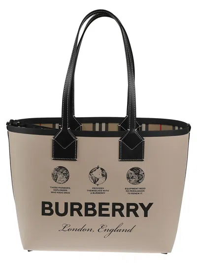 Burberry Logo Print Check Tote In Beige