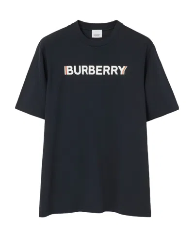 Burberry Men Black Crewneck T-shirt With Logo Lettering On The Front In Cotton Man