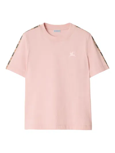 Burberry Organic Cotton T Shirt Ribbed Crewneck Check In Pink