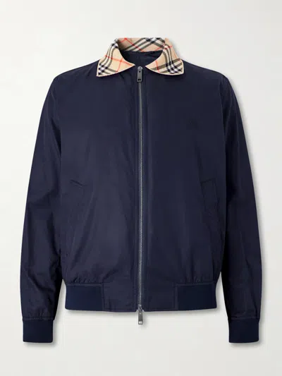 Burberry Logo-embroidered Checked Cotton-gabardine Blouson Jacket In Blue