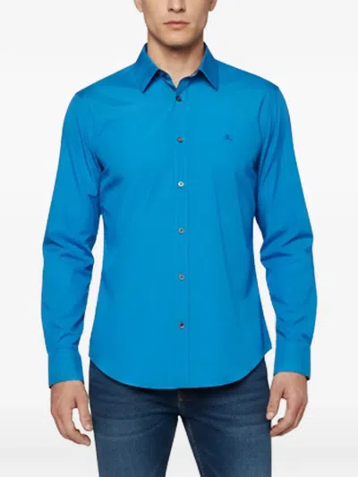 Pre-owned Burberry Logo-embroidered Poplin Shirt In Blue