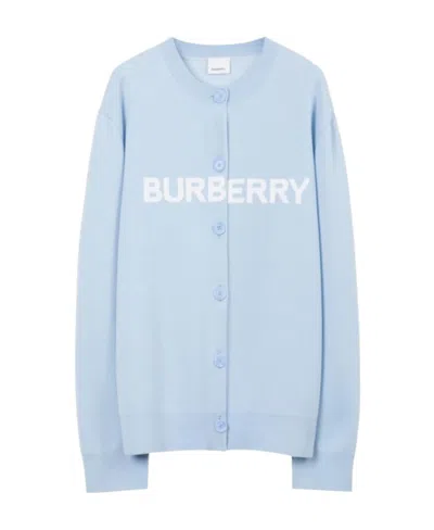 Burberry Logo-print Knit Cardigan In Blue