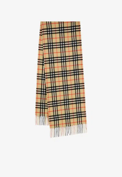 Burberry Lola Medium Check Fringed Scarf In Beige