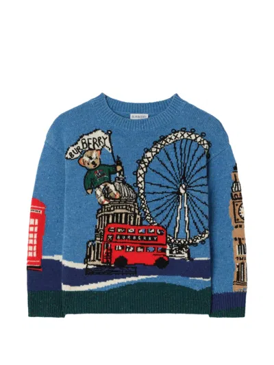 Burberry Kids' London Bear Intarsia Wool-blend Sweater In Blue
