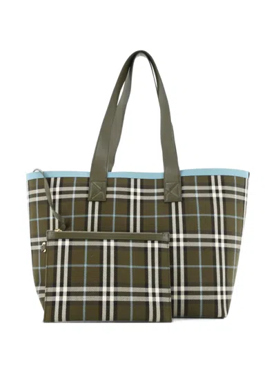 Pre-owned Burberry London Check Canvas Medium Tote Bag In Blue