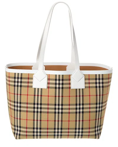 Burberry London Medium Check Canvas & Leather Tote In White