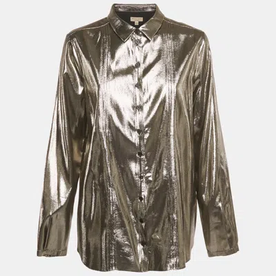 Pre-owned Burberry London Metallic Lamé Pleated Shirt L In Silver