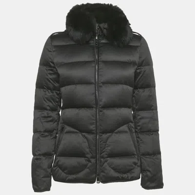 Pre-owned Burberry London Real Fur Trim Nylon Down Jacket S In Black